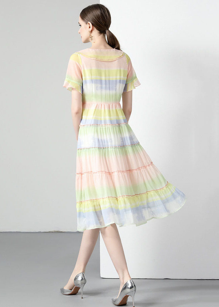 Rainbow Ruffled Button Patchwork Chiffon Dresses Summer