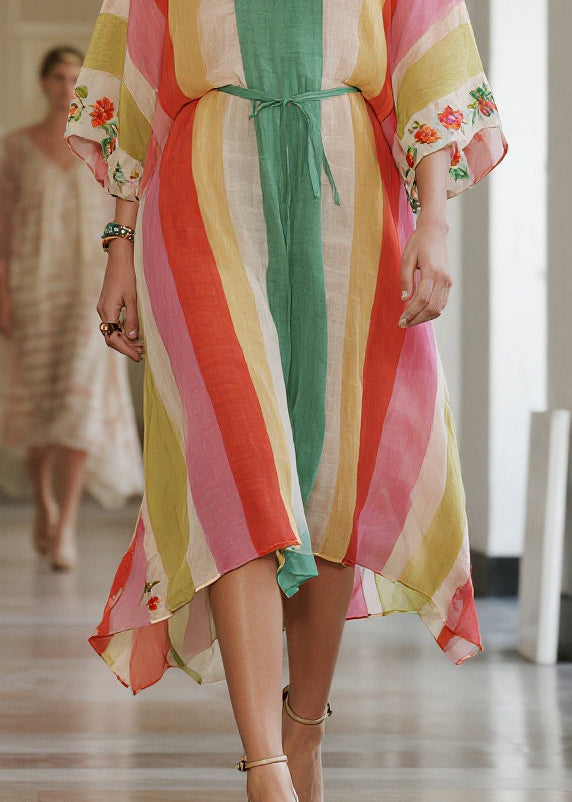 Rainbow Striped Tie Waist Cotton Tunic Dresses Summer
