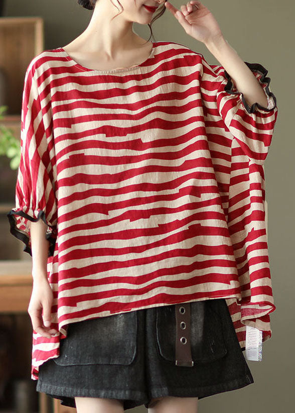 Red Asymmetrical Striped Cotton Pullover Spring