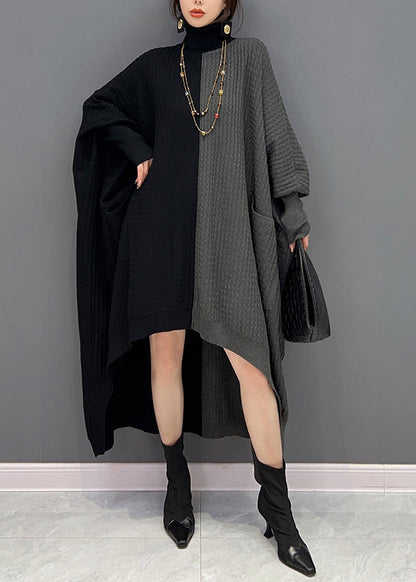 Red Black Hign Neck Asymmetrical Patchwork Knit Dresses Batwing Sleeve