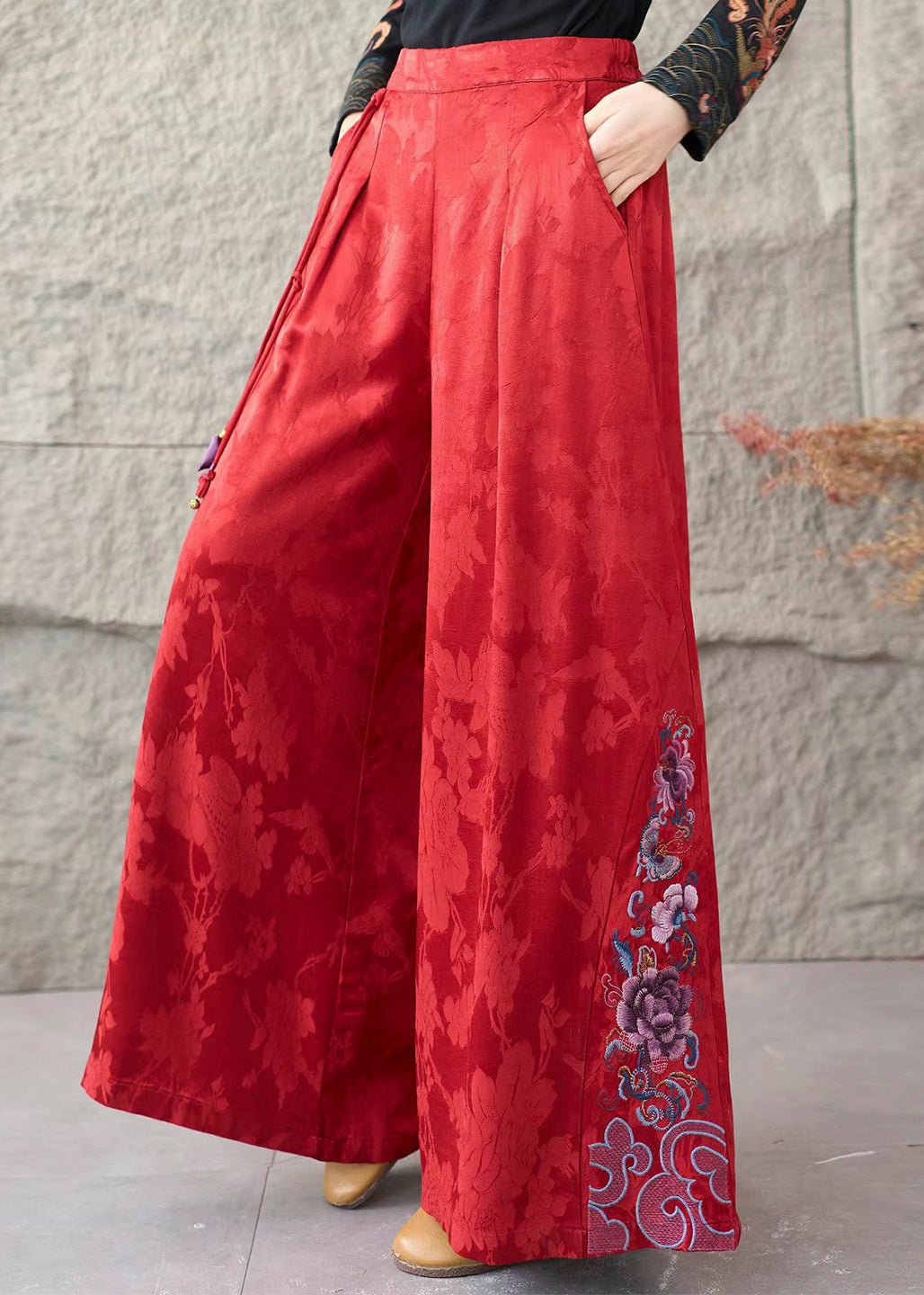 Red Embroidered Jacquard Silk Straigh Pants Spring