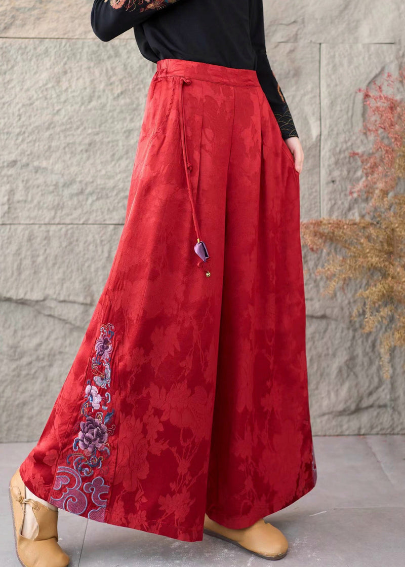 Red Embroidered Jacquard Silk Straigh Pants Spring