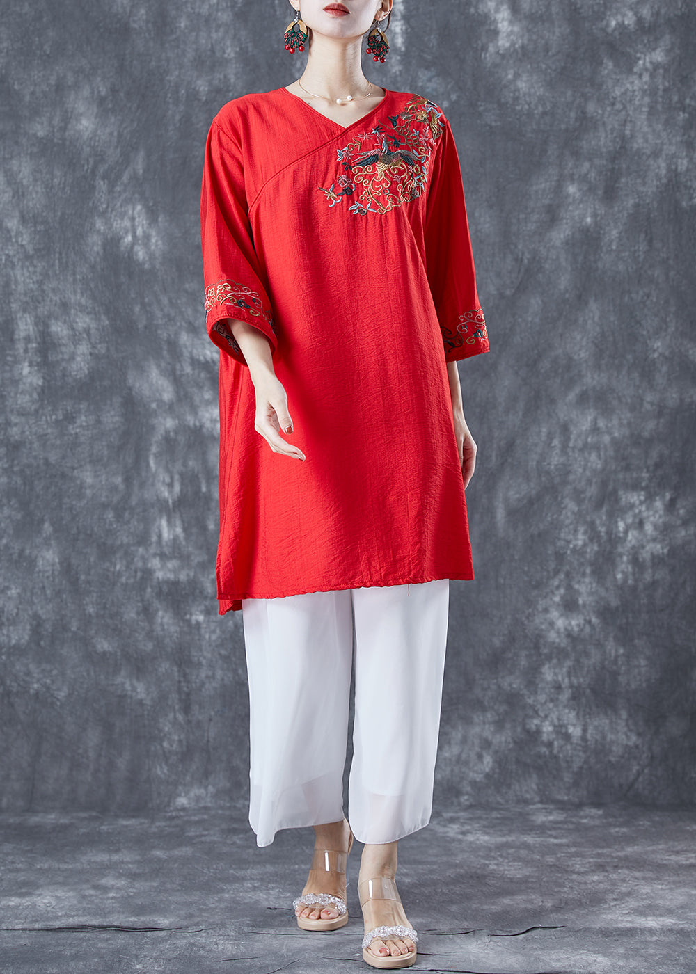 Red Embroideried Linen Party Dress Bracelet Sleeve