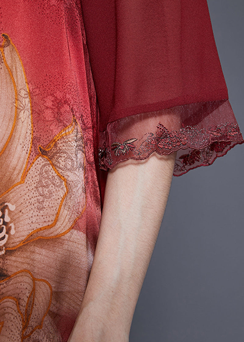 Red Embroideried Patchwork Tassel Silk Dress Half Sleeve