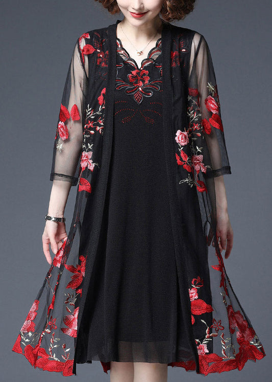 Red Embroideried Tulle Cardigans and Tank Dress Two Piece Set Summer