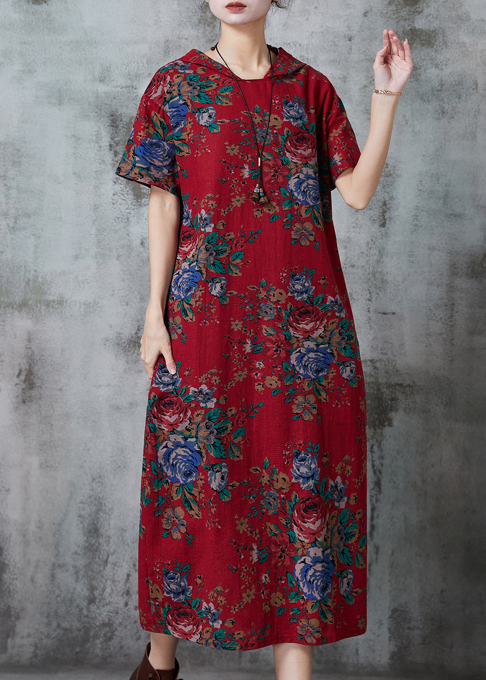 Red Hooded Print Cotton Long Dress Summer