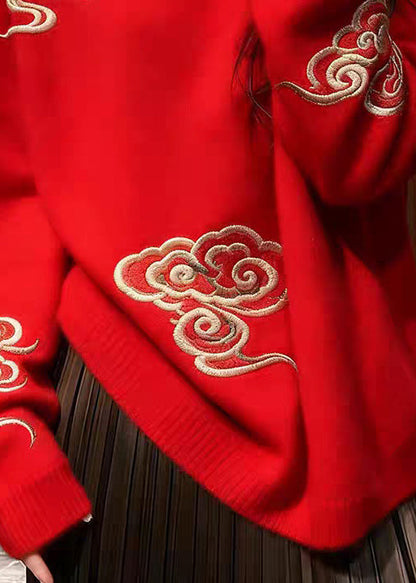 Red O Neck Auspicious Clouds Cozy Knit Sweaters Spring