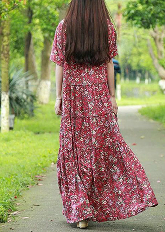 Red O-neck Button Print Patchwork Beach Dresses Short Sleeve