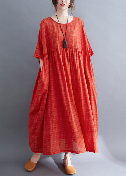 Red O-neck Cinched Cotton Holiday Dress Short Sleeve