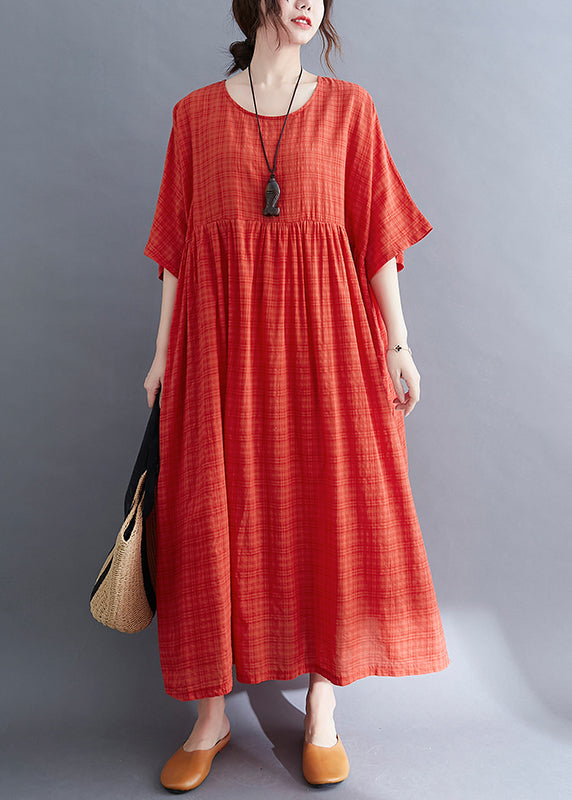Red O-neck Cinched Cotton Holiday Dress Short Sleeve