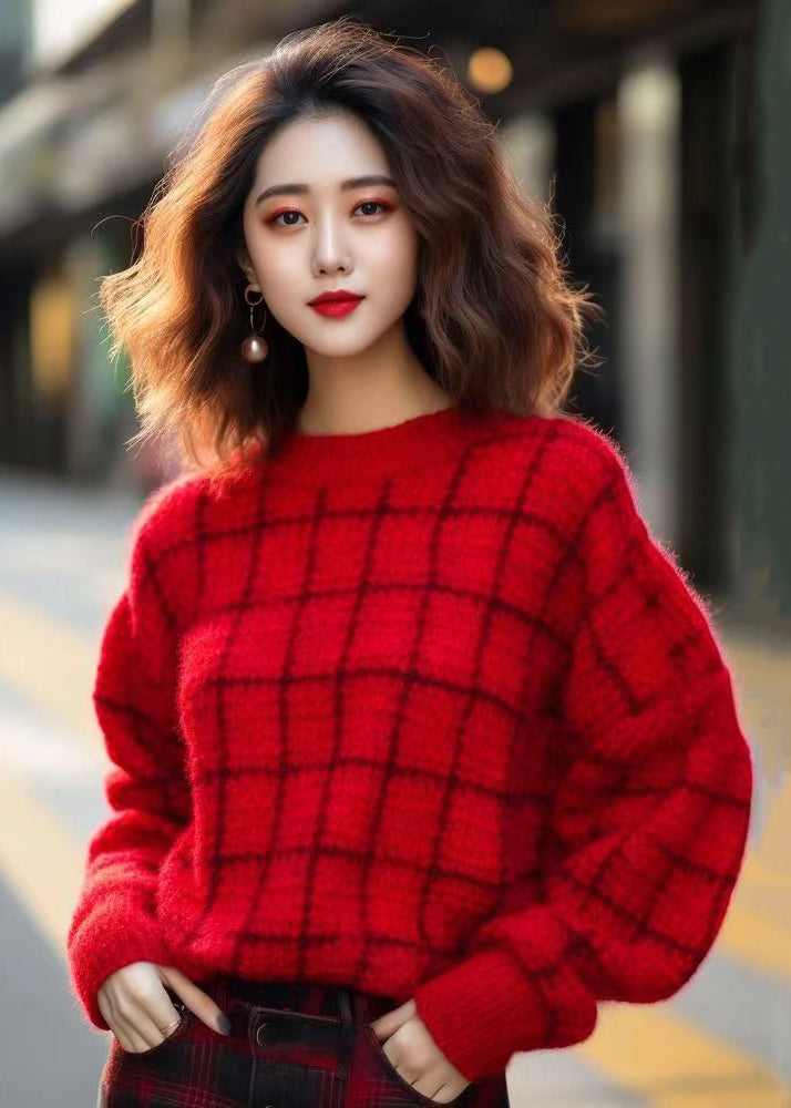Red O Neck Cozy Cotton Knit Sweaters Long Sleeve