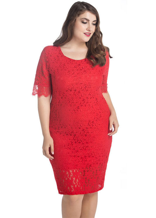 Red O Neck Hollow Out Patchwork Lace Mid Dress Summer