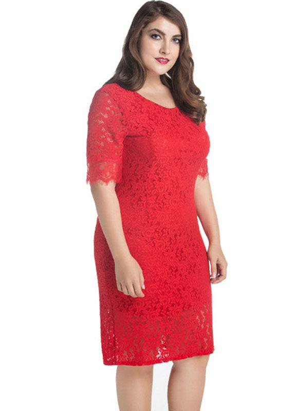 Red O Neck Hollow Out Patchwork Lace Mid Dress Summer