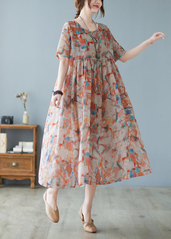 Red O-neck Patchwork Print Holiday Maxi Dress Short Sleeve