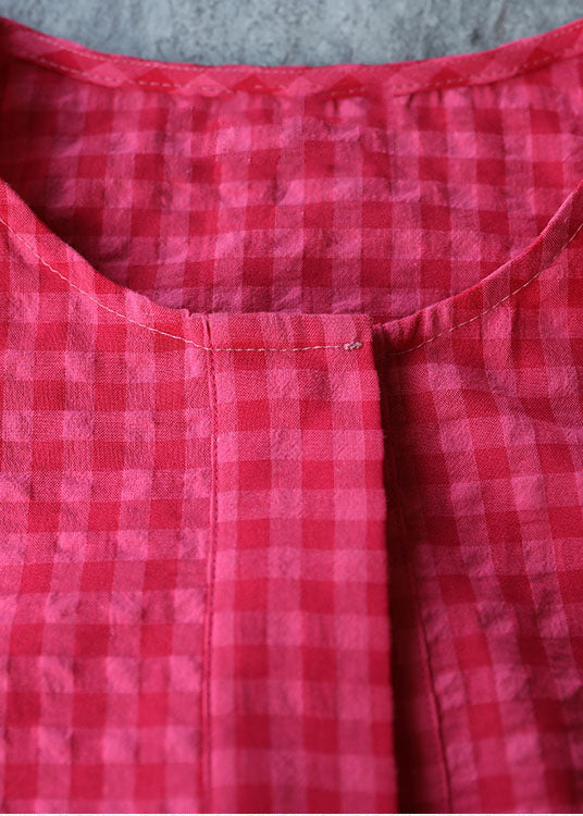 Red O-neck Plaid Patchwork Cotton Mid Dresses Short Sleeve
