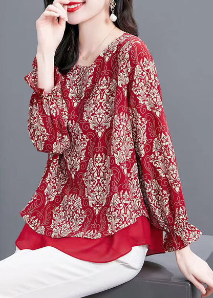 Red O Neck Print Patchwork Chiffon Blouses Flare Sleeve