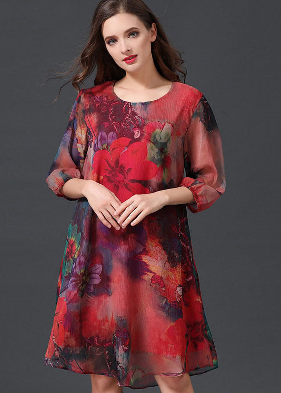 Red O Neck Print Patchwork Chiffon Mid Dress Summer