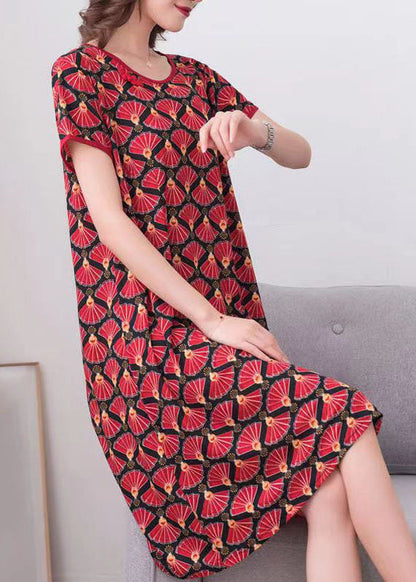 Red O Neck Print Patchwork Cotton Dress Summer