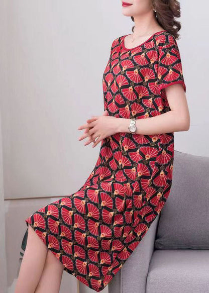 Red O Neck Print Patchwork Cotton Dress Summer