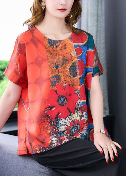 Red O-neck Print Side Open Silk Top Summer