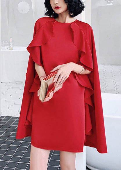 Red O-neck Ruffled Patchwork Cotton Mid Dresses Summer