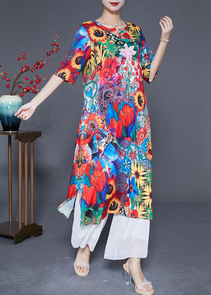 Red O-neck Sunflower Print Silk Dress Summer