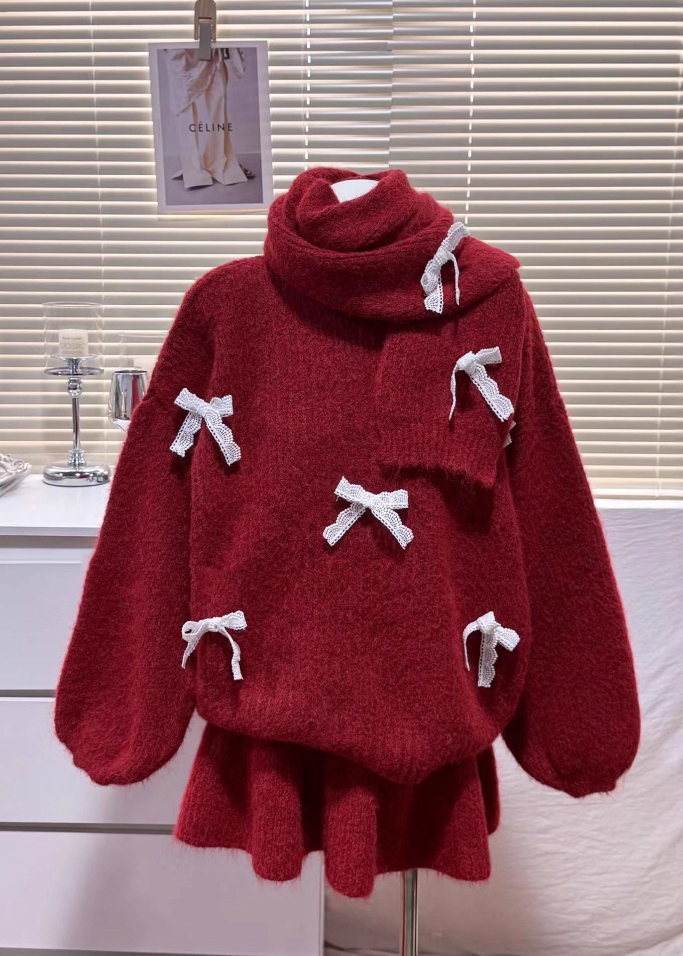 Red Oversized Bow Knit Three-piece Set Winter