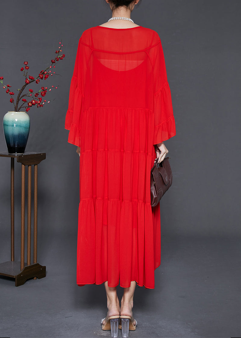 Red Oversized Exra Large Hem Chiffon Dresses Flare Sleeve