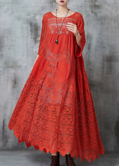 Red Oversized Hollow Out Cotton Holiday Dress Summer
