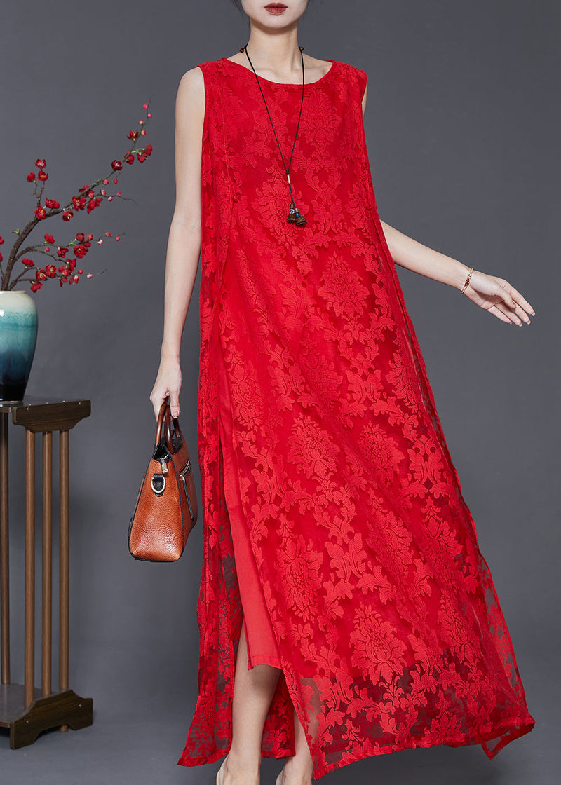 Red Oversized Side Open Lace a Line Dresses Sleeveless