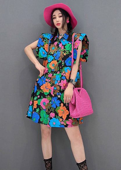 Red Peter Pan Collar Print Button Mid Dress Short Sleeve