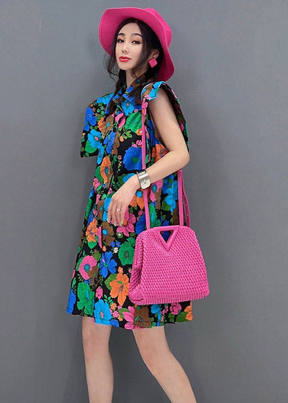 Red Peter Pan Collar Print Button Mid Dress Short Sleeve
