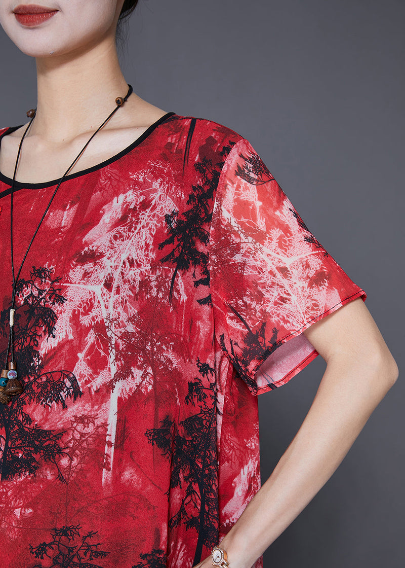 Red Print Chinesebutton Chiffon Vacation Dresses Summer