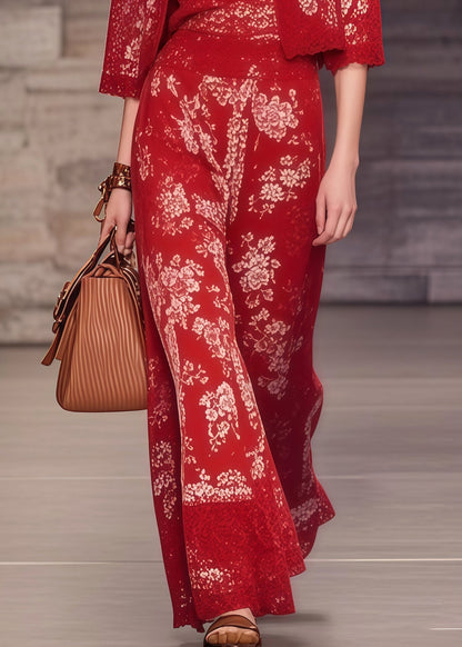 Red Print Lace Patchwork Spandex Two-piece Set Summer