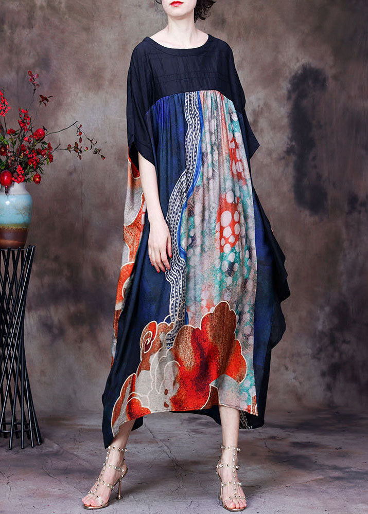 Red Print O-neck Patchwork Silk Loose Long Dress Batwing Sleeve