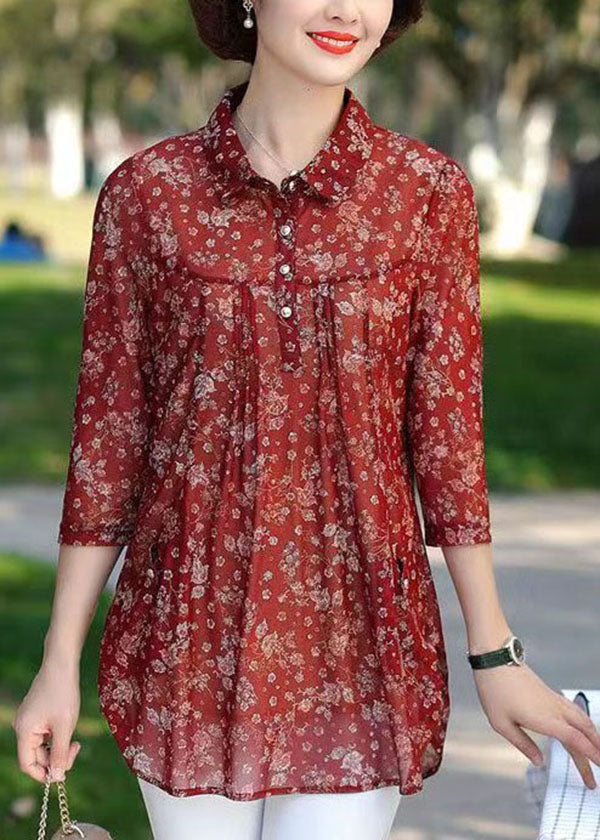 Red Print Wrinkled Patchwork Chiffon Shirt Tops Summer