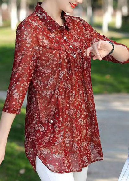 Red Print Wrinkled Patchwork Chiffon Shirt Tops Summer