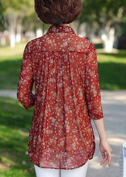 Red Print Wrinkled Patchwork Chiffon Shirt Tops Summer