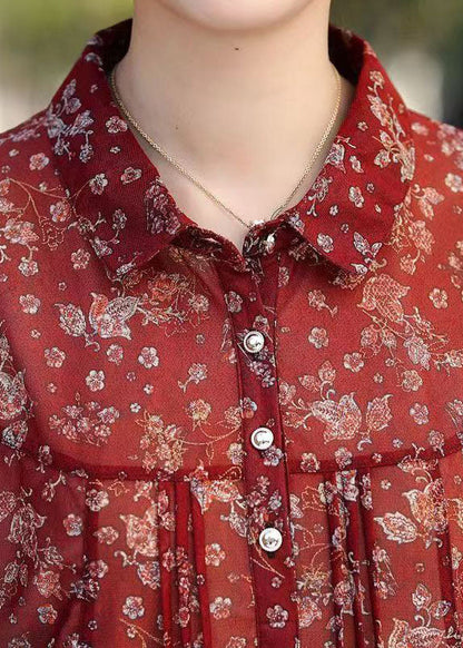 Red Print Wrinkled Patchwork Chiffon Shirt Tops Summer