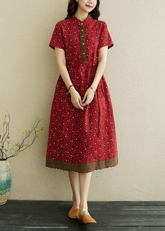 Red Print Stand Collar Robe Summer Cotton Dress