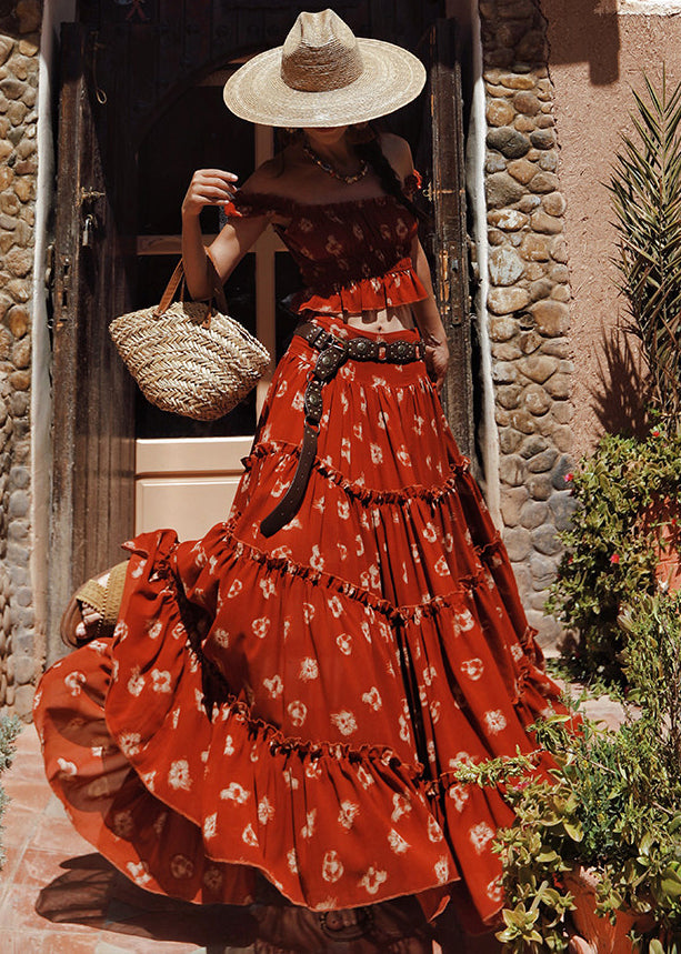 Red Ruffled Print Side Open Cotton Three-piece Set Flare Sleeve