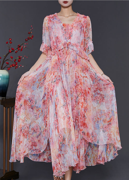 Red Ruffled Tie Dye Chiffon Robe Dresses Summer