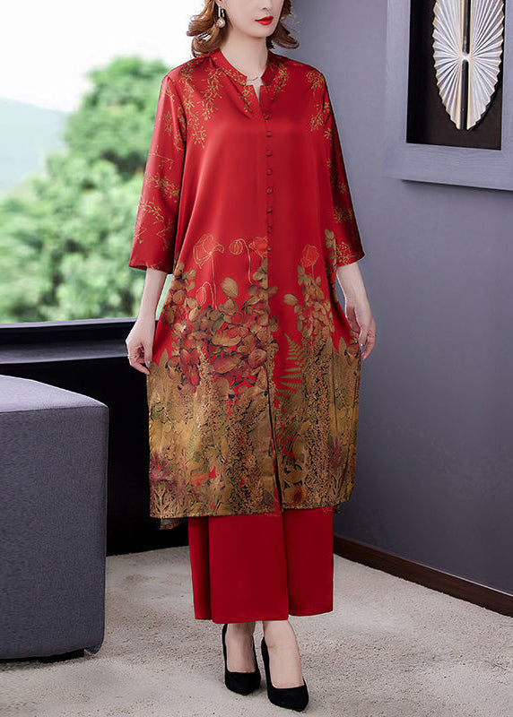 Red Stand Collar Print Draping Silk Two Pieces Set Summer