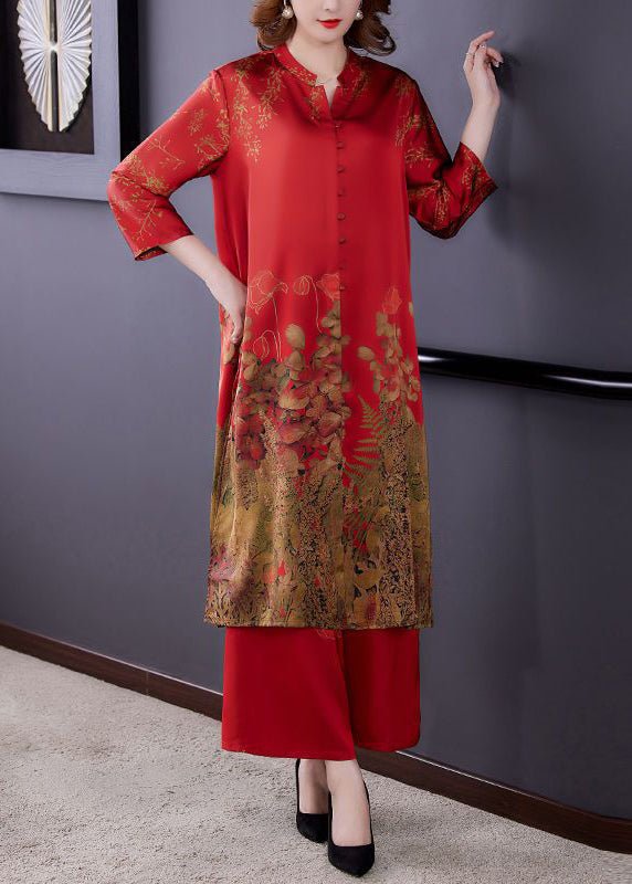 Red Stand Collar Print Draping Silk Two Pieces Set Summer