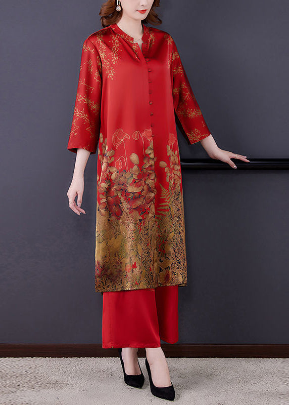 Red Stand Collar Print Draping Silk Two Pieces Set Summer