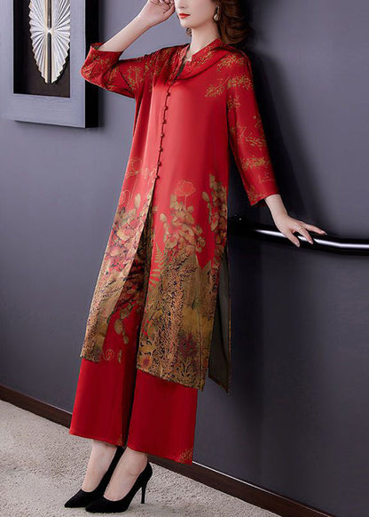 Red Stand Collar Print Draping Silk Two Pieces Set Summer