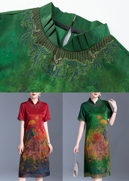 Red Stand Collar Print Silk Dress Short Sleeve