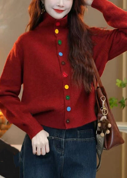 Red Turtleneck Button Knit Sweaters Winter