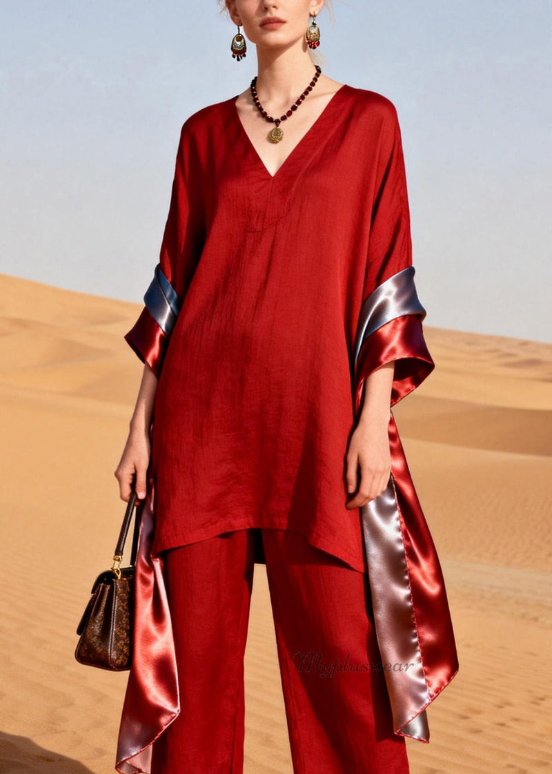 Red V Neck Patchwork Linen Silk Two Pieces Set Summer
