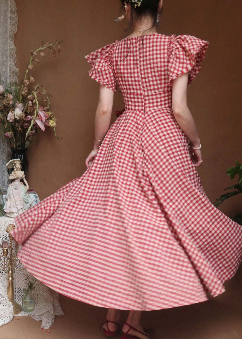 Red V Neck Plaid Ruffled Cotton Dress Butterfly Sleeve